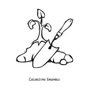 Image à colorier d'une pelle de jardinier à côté d'une plante