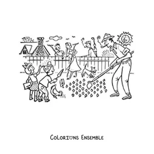 Image à colorier d'une famille avec des enfants faisant des travaux de jardinage dans le jardin