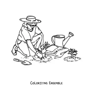 Image à colorier d'une femme jardinière au chapeau plantant dans le jardin