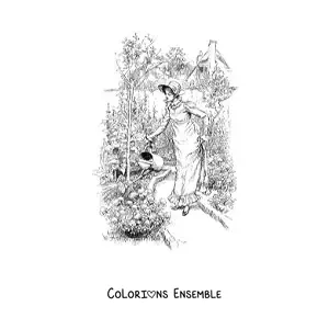 Image à colorier d'une jardinière à l'ancienne réaliste arrosant les plantes