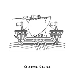 Image à colorier d'un bateau viking sur la mer avec des rames et plusieurs voiles