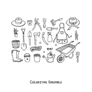 Image à colorier des outils d'un jardinier