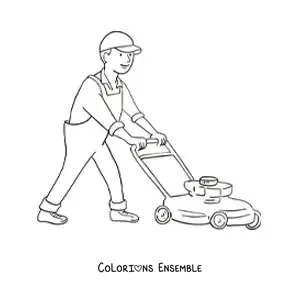 Image à colorier d'un jardinier animé tondant la pelouse