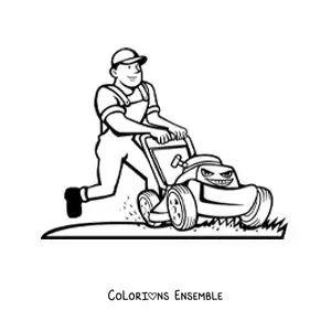 Image à colorier d'une caricature de jardinier tondant la pelouse
