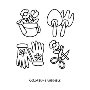 Image à colorier d'outils de jardinage