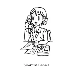 Image à colorier d'une secrétaire animée au téléphone