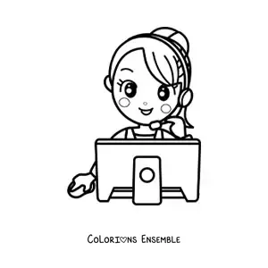 Image à colorier d'une secrétaire kawaii au téléphone devant l'ordinateur
