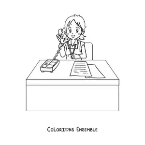 Image à colorier d'une secrétaire animée au téléphone dans son bureau