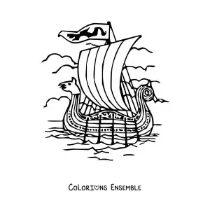 Image à colorier d'un bateau viking sur la mer avec des rames et une proue en forme de tête d'animal