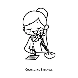 Image à colorier d'une caricature de secrétaire au téléphone dans son bureau