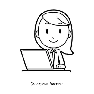 Image à colorier facile d'une secrétaire devant l'ordinateur