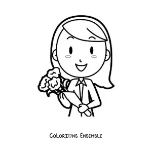 Image à colorier d'une secrétaire animée avec un bouquet de fleurs pour la Journée des Secrétaires