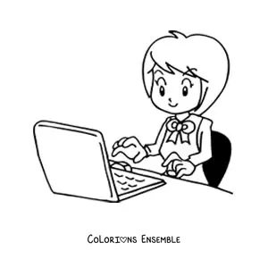 Image à colorier d'une secrétaire animée tapant sur l'ordinateur
