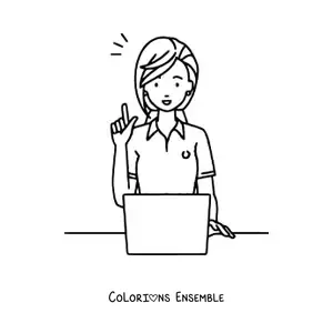 Image à colorier facile d'une secrétaire animée travaillant avec un ordinateur