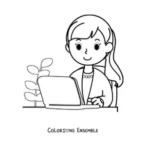 Image à colorier facile d'une secrétaire animée travaillant sur un ordinateur portable au bureau