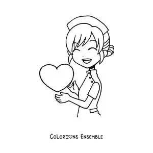 Image à colorier d'une infirmière kawaii animée avec un cœur