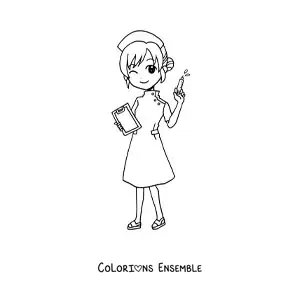 Image à colorier d'une infirmière kawaii animée avec une seringue