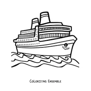 Image à colorier d'un bateau de croisière sur la mer avec une ancre