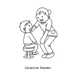 Image à colorier d'une infirmière animée s'occupant d'un enfant