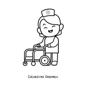 Image à colorier d'une infirmière animée avec un fauteuil roulant
