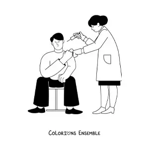 Image à colorier d'une infirmière faisant une injection à un patient