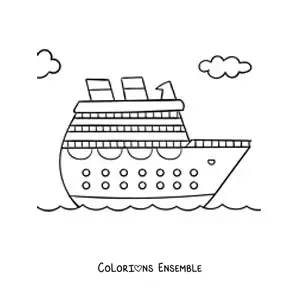 Image à colorier d'un bateau de croisière sur la mer avec des nuages en arrière-plan