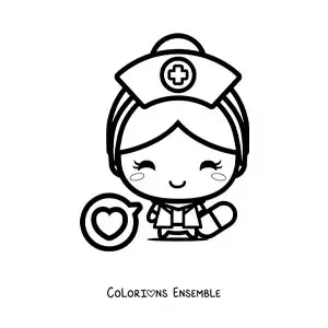Image à colorier d'une infirmière kawaii avec un cœur