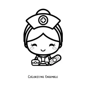 Image à colorier d'une infirmière kawaii avec un pansement
