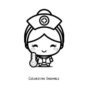 Image à colorier d'une infirmière kawaii avec un thermomètre