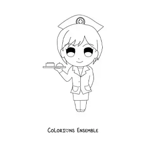 Image à colorier d'une infirmière animée avec un plateau