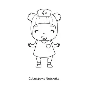 Image à colorier d'une petite fille infirmière animée