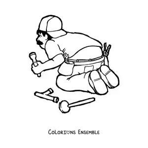 Image à colorier d'une caricature de plombier rigolo au travail