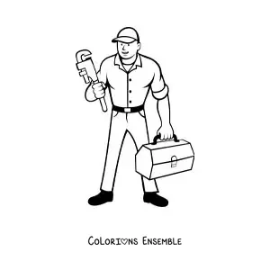 Image à colorier d'un plombier animé avec une clé et une mallette