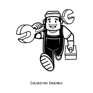 Image à colorier facile d'un plombier animé avec ses outils