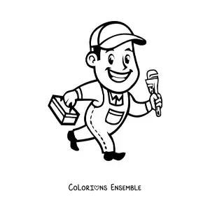 Image à colorier d'un plombier kawaii animé avec ses outils