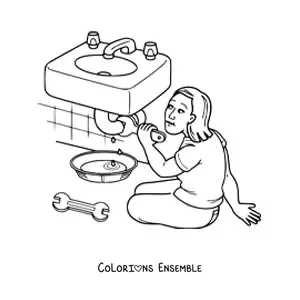 Image à colorier d'une femme plombière réparant une canalisation de la salle de bain