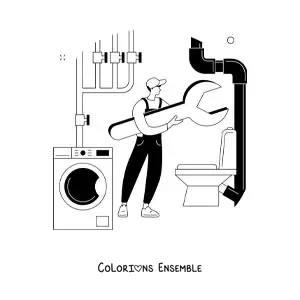 Image à colorier d'un plombier avec une clé et des tuyaux