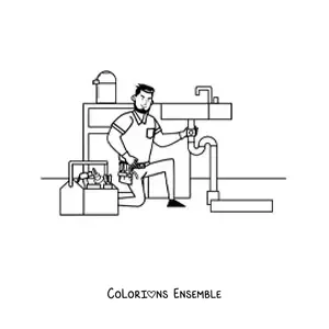 Image à colorier d'un plombier animé travaillant sur un lavabo