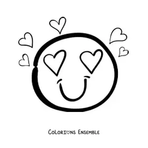 Image à colorier d'un emoji amoureux avec des yeux en forme de cœur et des cœurs tout autour