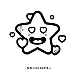 Image à colorier d'un emoji étoile amoureuse, facile, avec des cœurs