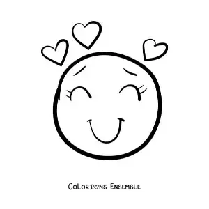 Image à colorier d'un emoji de visage souriant amoureux entouré de cœurs