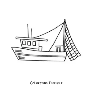 Image à colorier d'un bateau de pêche avec un filet