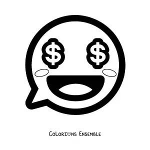 Image à colorier d'un emoji kawaii qui sourit avec des yeux en dollars