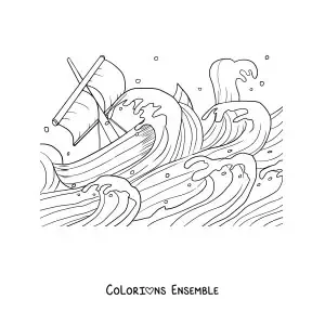 Image à colorier d'un bateau au milieu d'une tempête