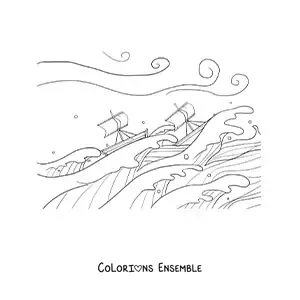 Image à colorier de deux bateaux au milieu d'une tempête