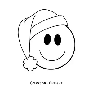 Image à colorier d'un emoji de visage heureux avec un bonnet de Noël