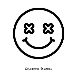 Image à colorier d'un emoji de visage heureux avec des yeux en croix