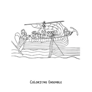 Image à colorier d'un vieux navire avec son équipage sur la mer
