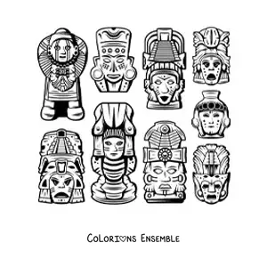 Image à colorier de masques et d'objets artisanaux mayas