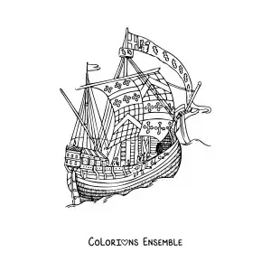 Image à colorier d'un vieux navire sur la mer avec des croix sur les voiles